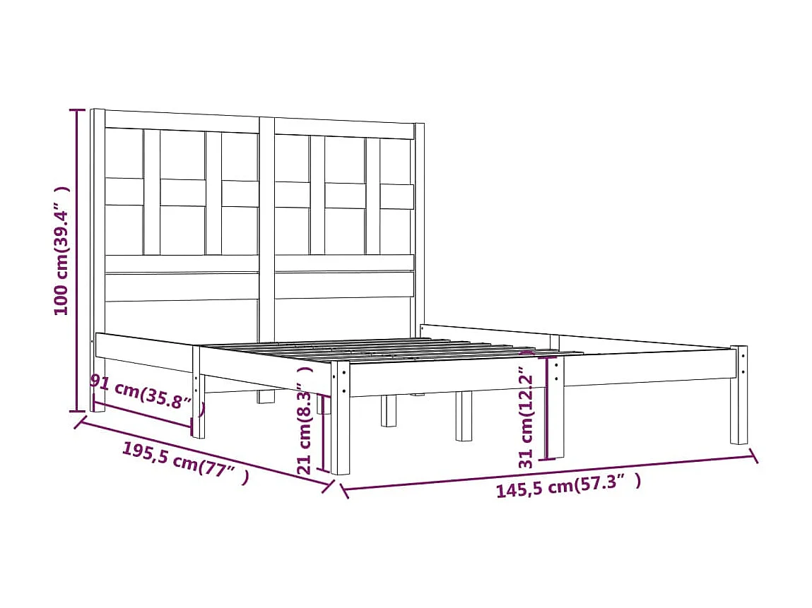 Struttura letto nera senza materasso 140x190 cm in legno massello di pino