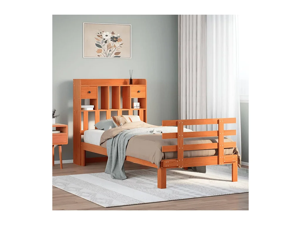 Lit bibliothèque sans matelas cire marron 100x200 cm pin massif