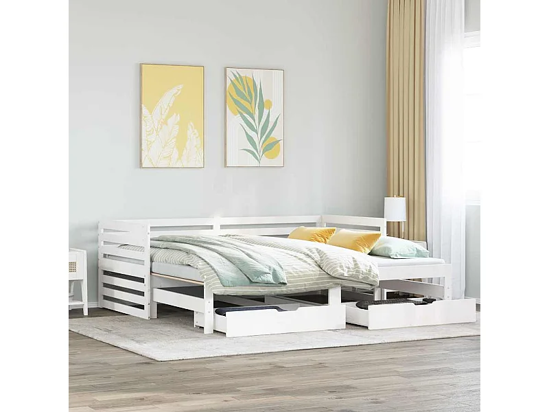 Divano letto e cassetti senza materasso bianco 90x200 cm in legno massello