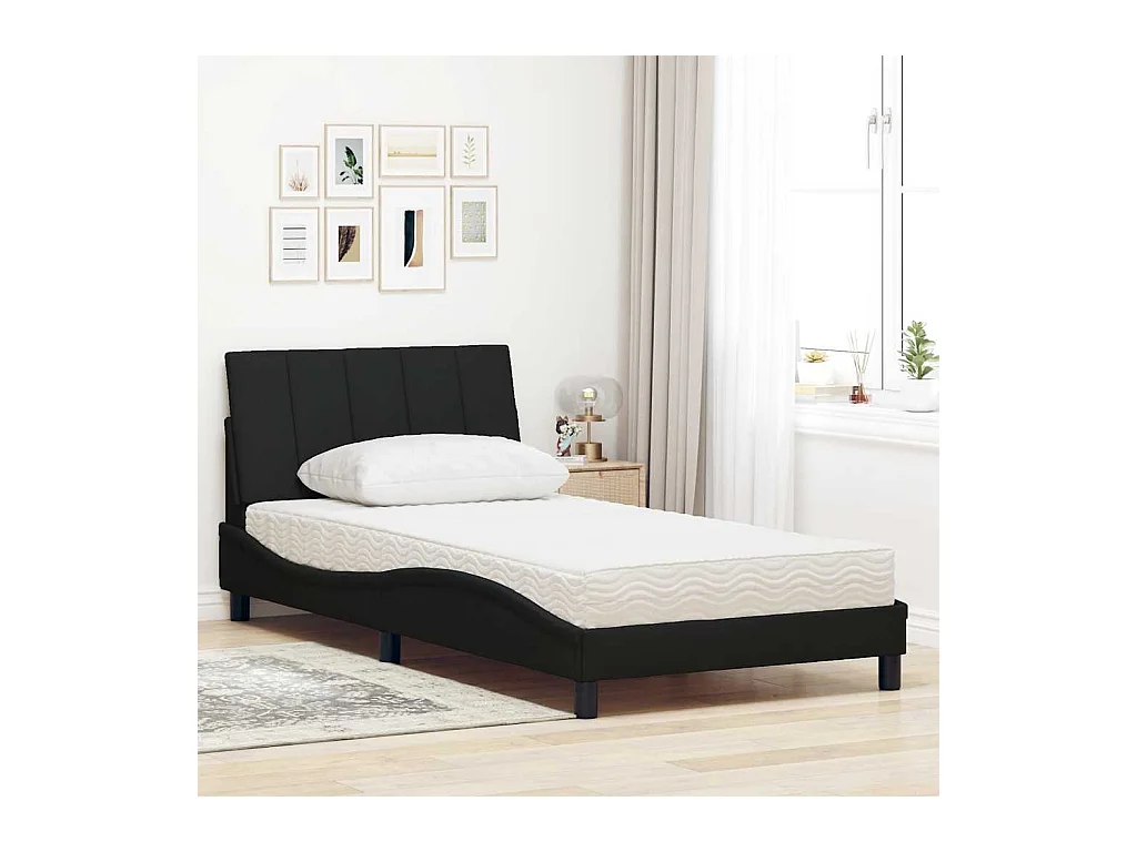 Lit avec matelas noir 100x200 cm tissu
