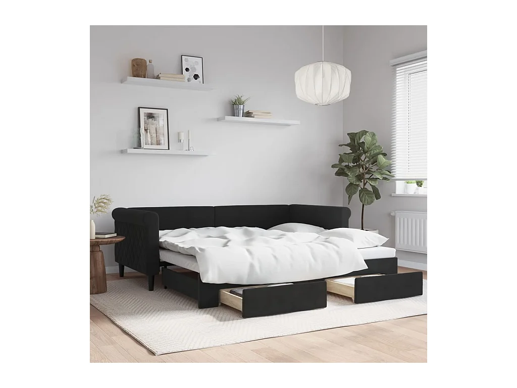 Dagbed met onderschuifbed en lades zwart 90x190 cm fluweel
