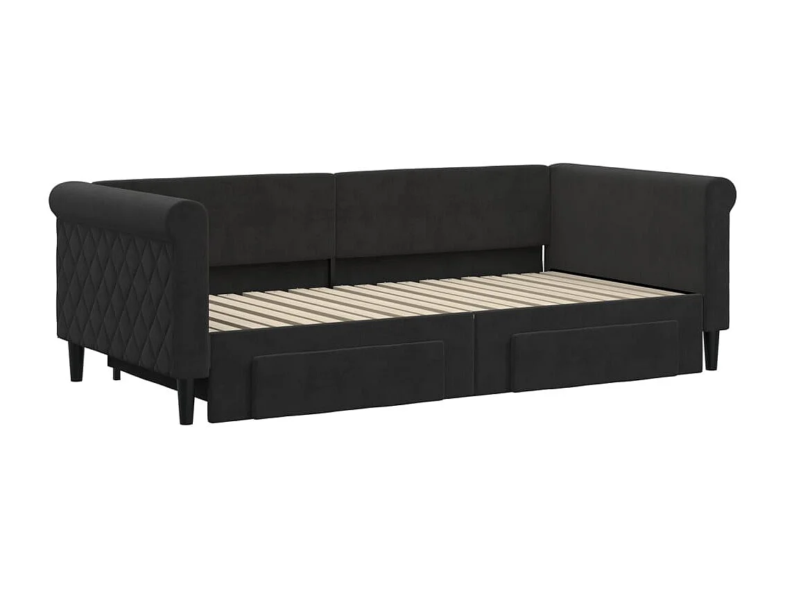 Divano letto con rotelle e cassetti nero 90x190 cm velluto