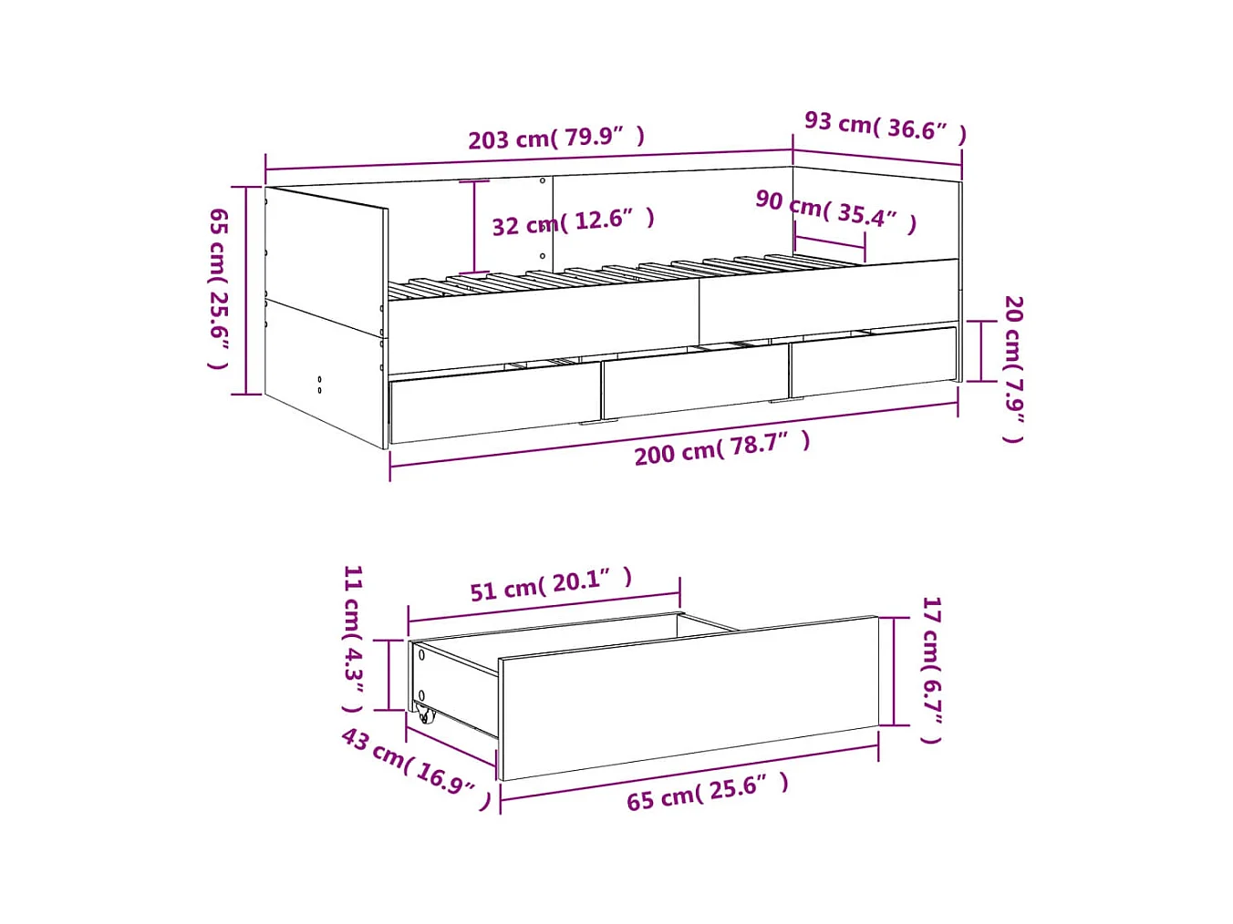 Divano letto con cassetti senza materasso grigio cemento 90x200 cm