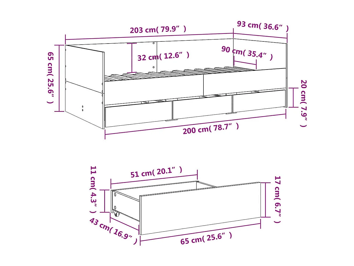 Lit de jour avec tiroirs sans matelas gris béton 90x200 cm