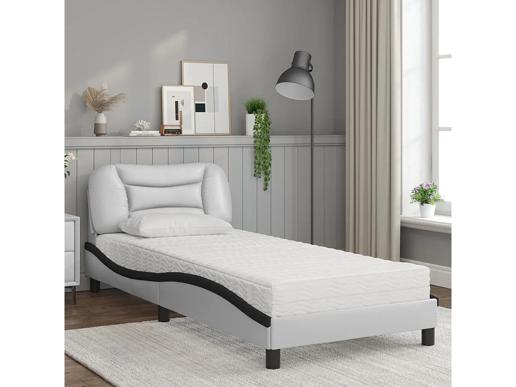 Letto con materasso bianco e nero 90x200 cm in similpelle