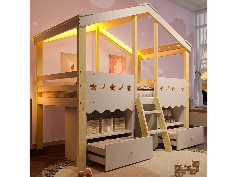Halfhoog bed 90x200 cm, huis met ramen, 2 lades, LED, grenen, wit en naturel (208x124,5x158,5 cm)
