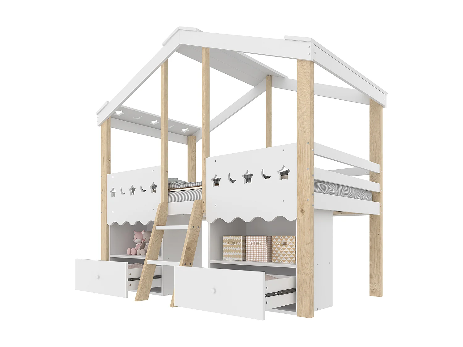 Lit mi-hauteur 90x200 cm, maison avec fenêtres, 2 tiroirs, LED, pin, blanc et naturel (208x124.5x158.5 cm)