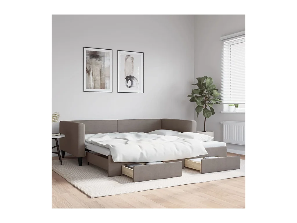 Lit de jour avec gigogne et tiroirs taupe 100x200 cm tissu