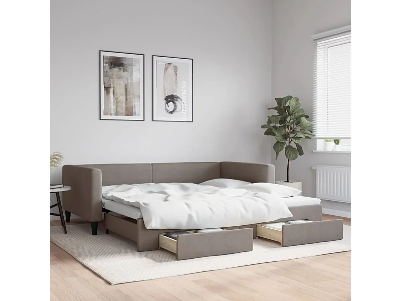 Lit de jour avec gigogne et tiroirs taupe 100x200 cm tissu