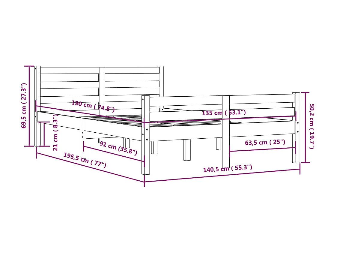 Estructura de cama sin colchón de madera maciza blanca 135x190 cm