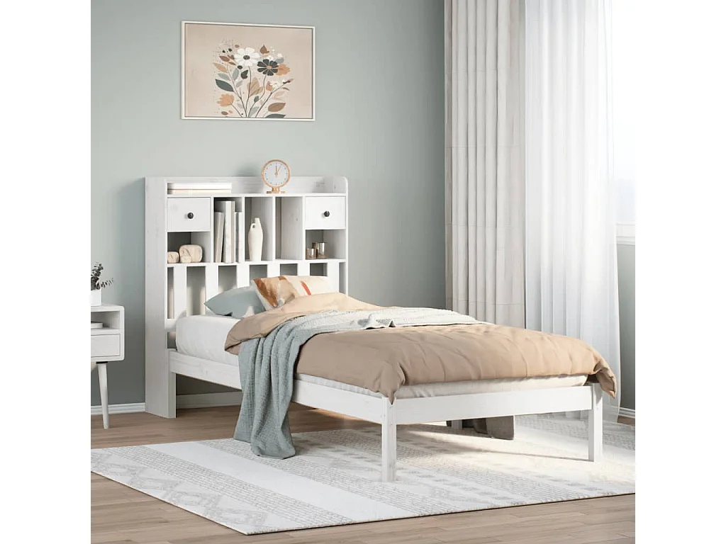 Cama librería blanca sin colchón 90x200cm madera maciza de pino