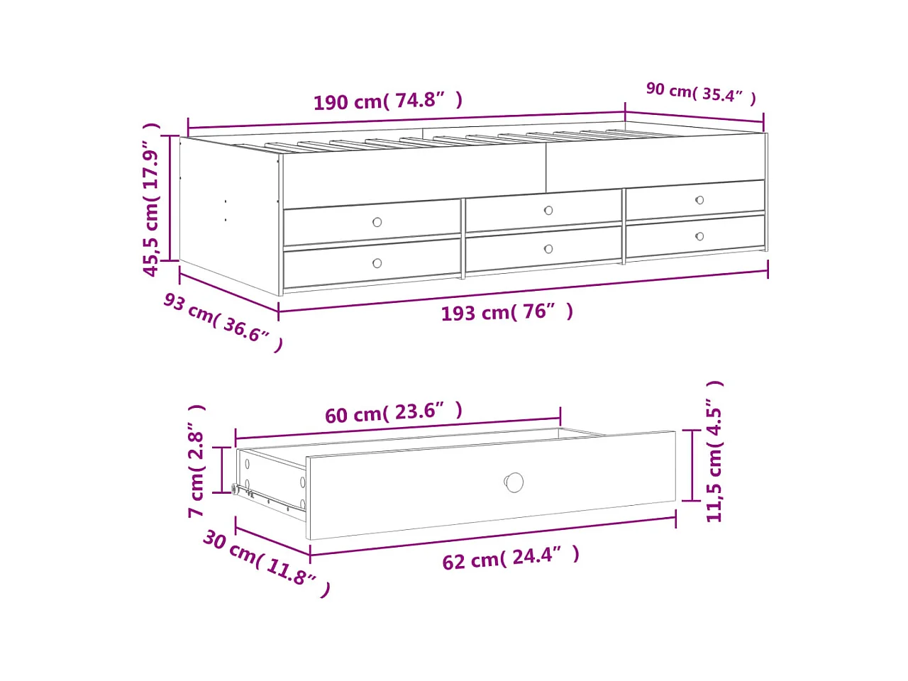 Dagbed met lades zonder matras sonoma eiken 90x190 cm