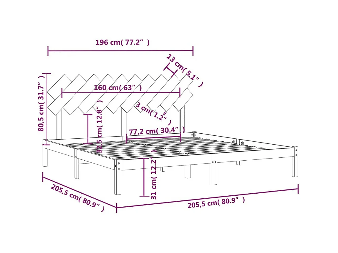 Bedframe zonder matras 200x200 cm massief hout