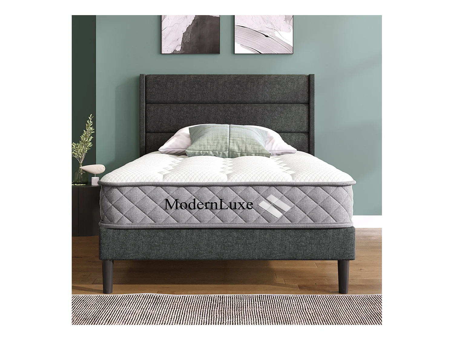 Cama de 90x200 cm, estructura con somier y cabecero, de lino gris, diseño moderno y atemporal (209x96x111 cm)