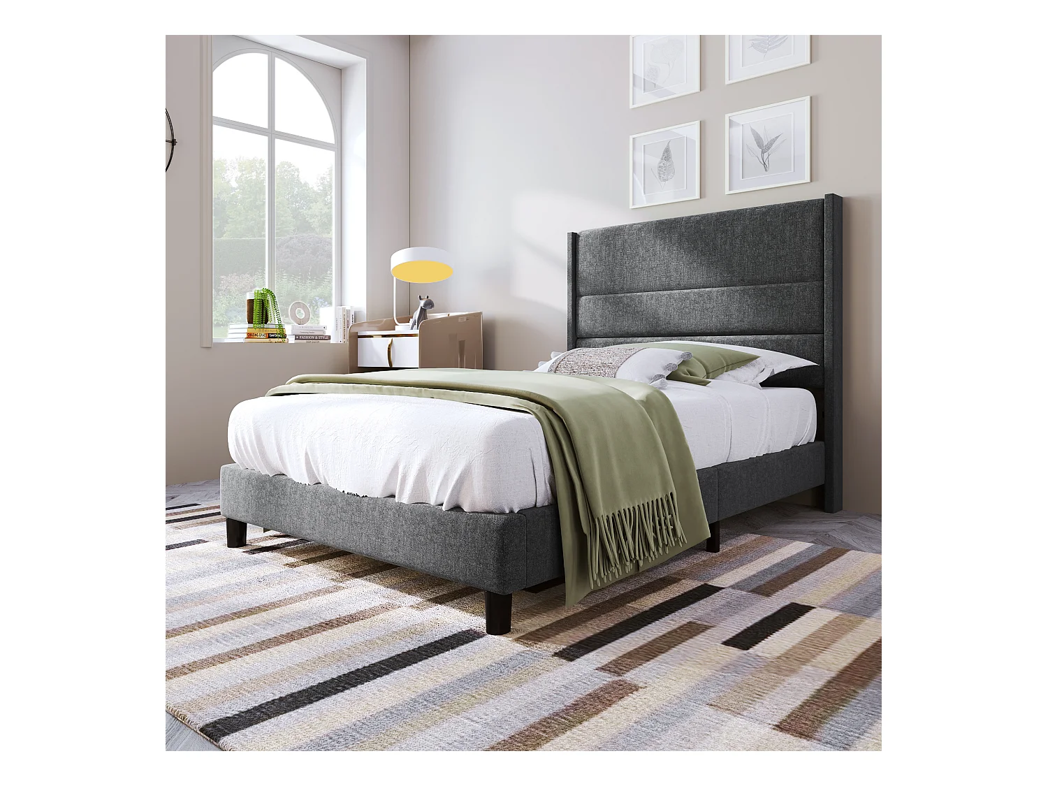 Cama de 90x200 cm, estructura con somier y cabecero, de lino gris, diseño moderno y atemporal (209x96x111 cm)