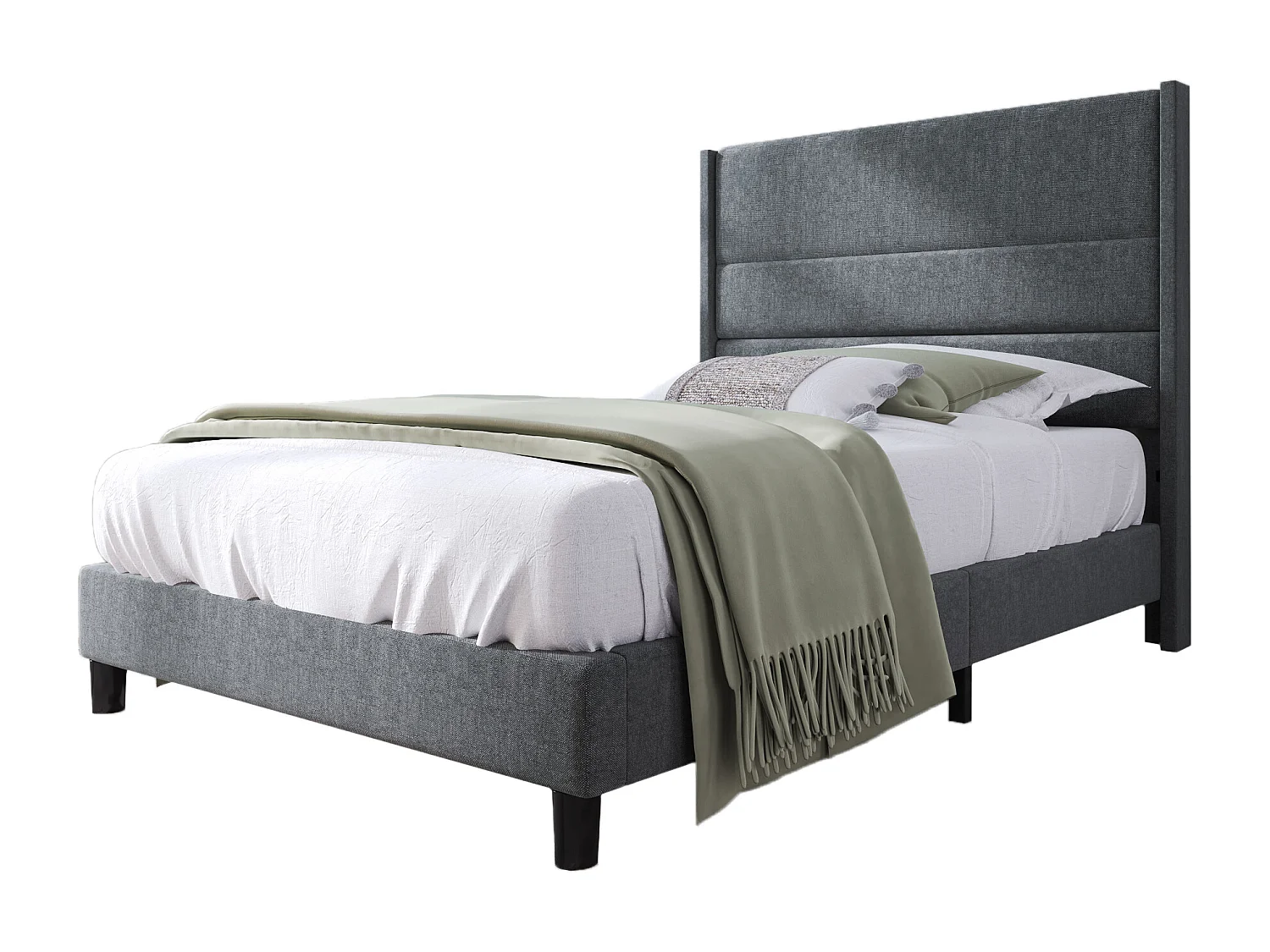 Cama de 90x200 cm, estructura con somier y cabecero, de lino gris, diseño moderno y atemporal (209x96x111 cm)