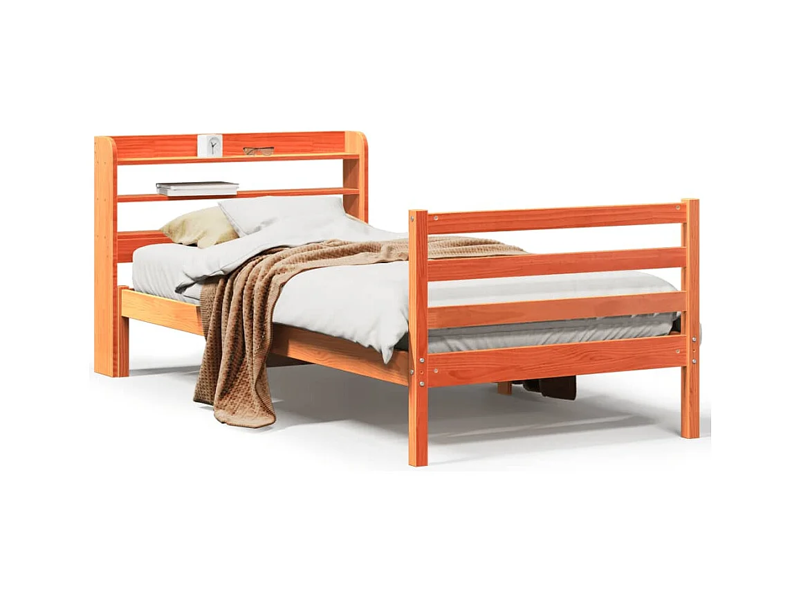 Estructura de cama sin colchón, color marrón cera, 100x200cm, madera maciza de pino