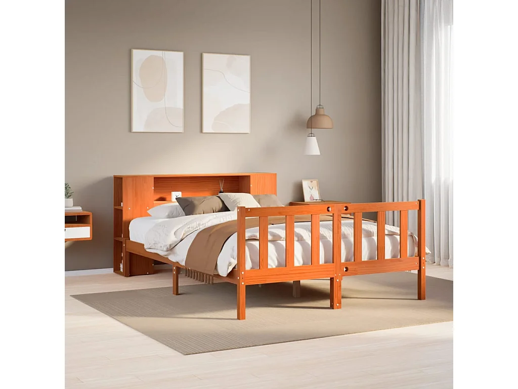 Letto libreria senza materasso, cera marrone, 140x200 cm, pino massiccio