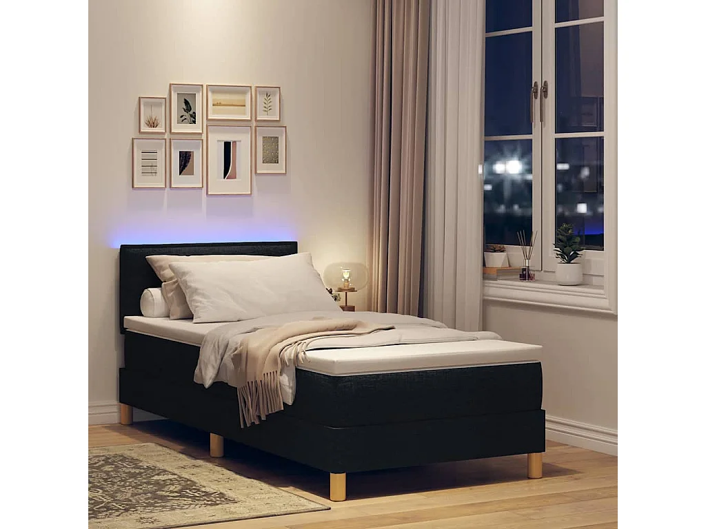 Lit à ressorts avec matelas Noir 90 x 200 cm tissu