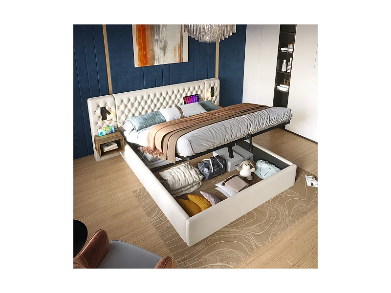 Tweepersoonsbed 180x200 cm met LED-hoofdbord, 2 nachtkastjes, hydraulische opbergruimte, beige fluweel (267x213x105 cm)