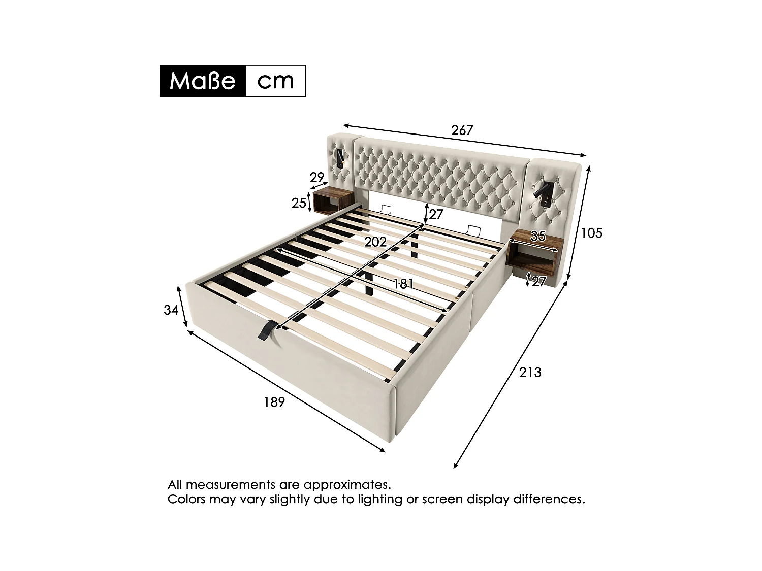 Tweepersoonsbed 180x200 cm met LED-hoofdbord, 2 nachtkastjes, hydraulische opbergruimte, beige fluweel (267x213x105 cm)