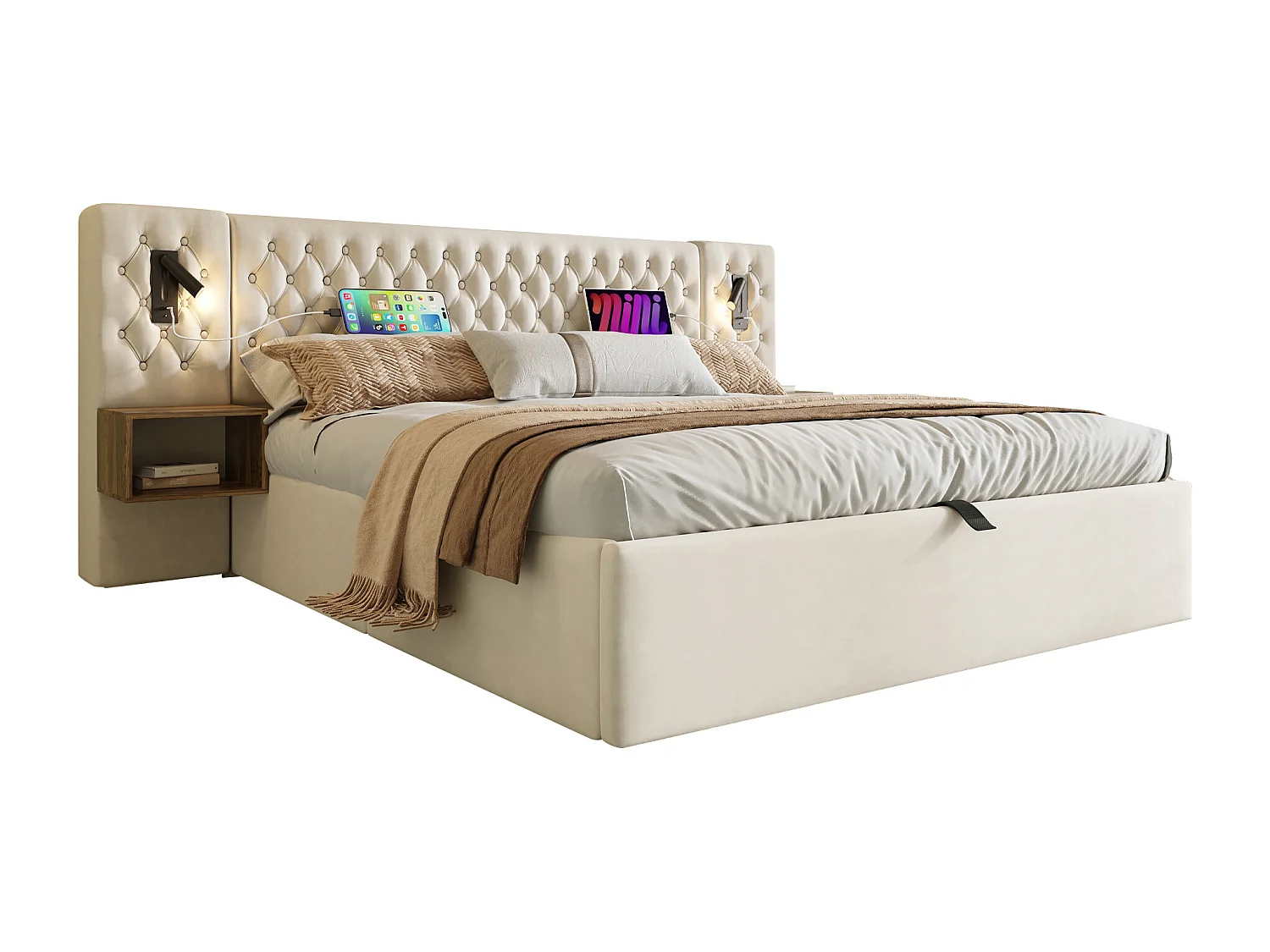 Lit double 180x200 cm avec tête de lit LED, 2 tables de nuit, rangement hydraulique, velours beige (267x213x105 cm)