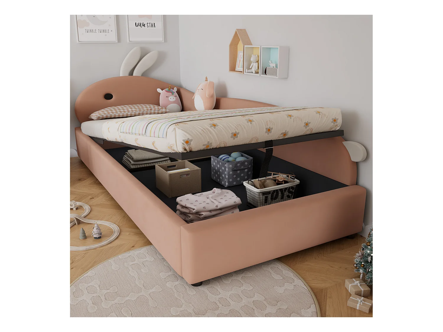 Lit pour enfant 90x200 cm, avec tête de lit en forme de lapin, système hydraulique de rangement, tissu en velours, gris et blanc (205x93.5x92 cm)