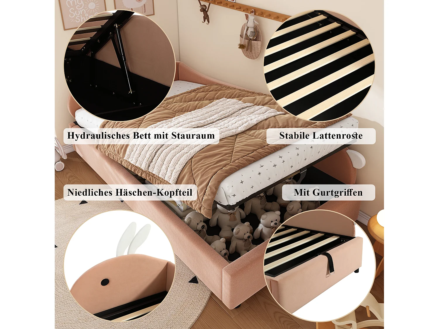 Lit pour enfant 90x200 cm, avec tête de lit en forme de lapin, système hydraulique de rangement, tissu en velours, gris et blanc (205x93.5x92 cm)