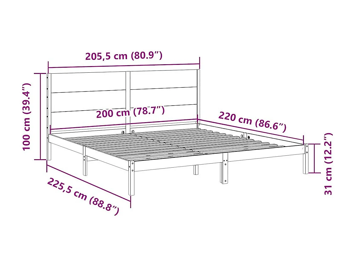 Extra langer Bettrahmen ohne Matratze 200x220 cm Massivholz