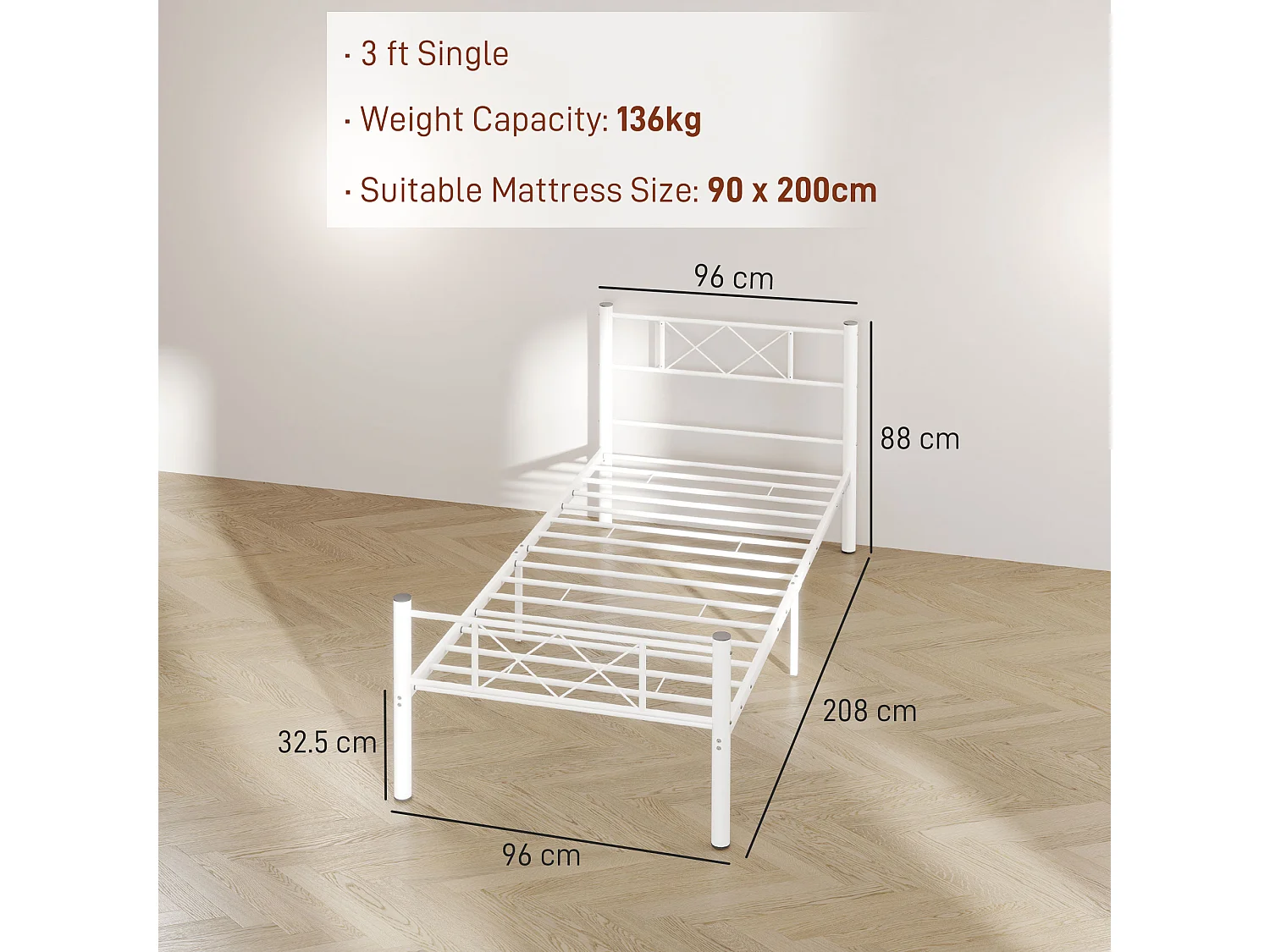 Metalen bedframe, matrasondersteuning 90x200 cm, modern design, wit (96x208x88 cm)