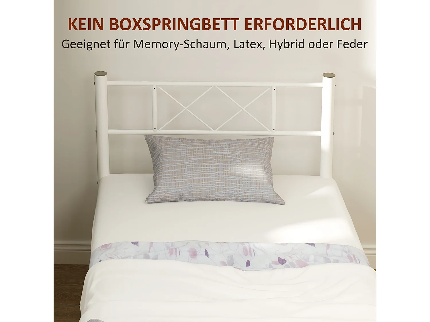 Metalen bedframe, matrasondersteuning 90x200 cm, modern design, wit (96x208x88 cm)