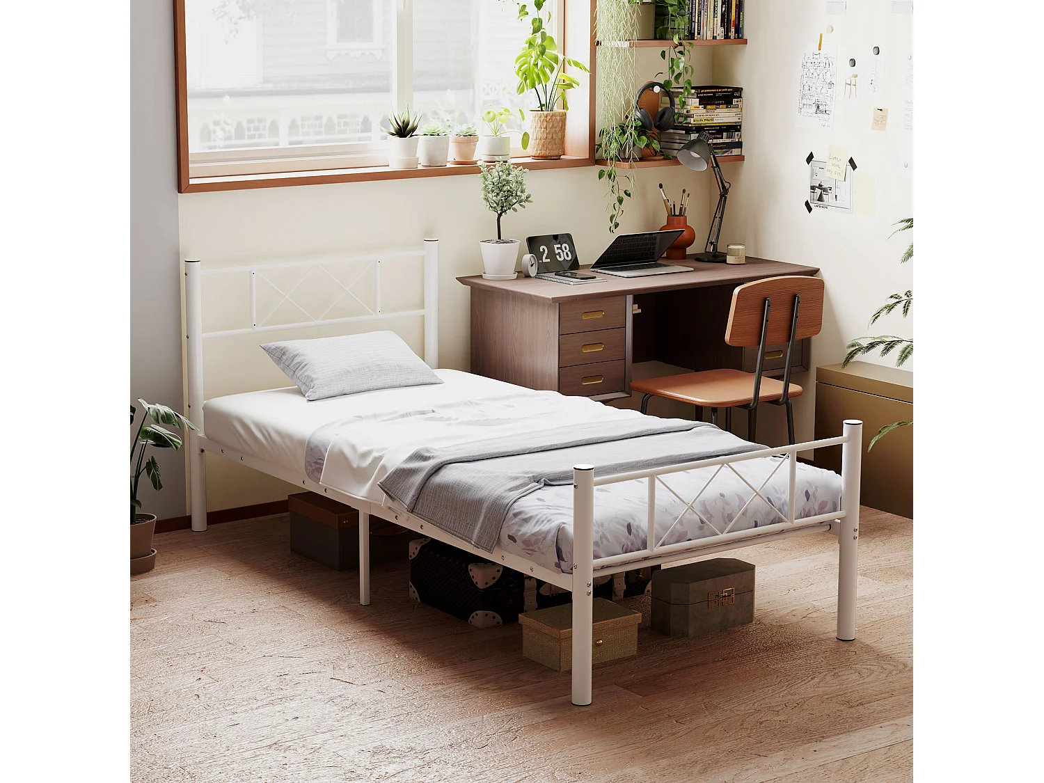 Struttura letto in metallo, supporto materasso 90x200 cm, design moderno, bianco (96x208x88 cm)