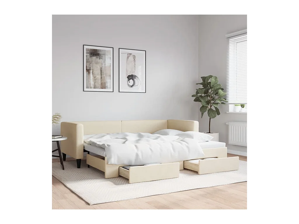 Lit de jour avec gigogne et tiroirs sans matelas crème 80x200cm