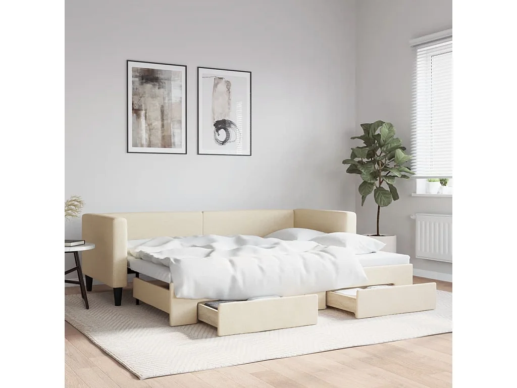 Cama de día con nido y cajones sin colchón crema 80x200cm