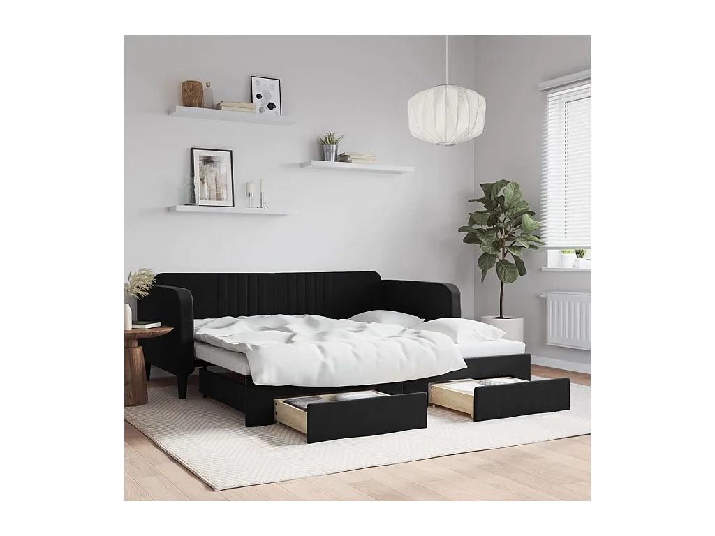 Dagbed met onderschuifbed en lades zwart 90x190 cm fluweel