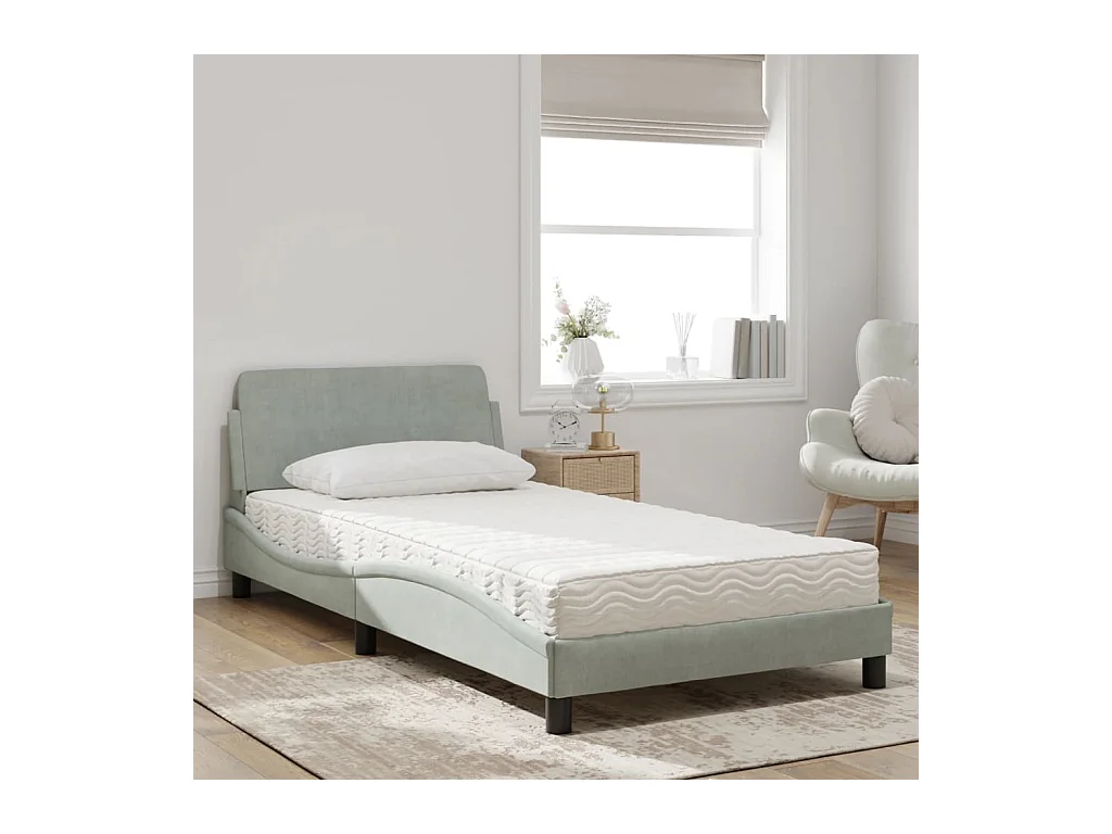 Letto con materasso grigio chiaro 100x200 cm in velluto