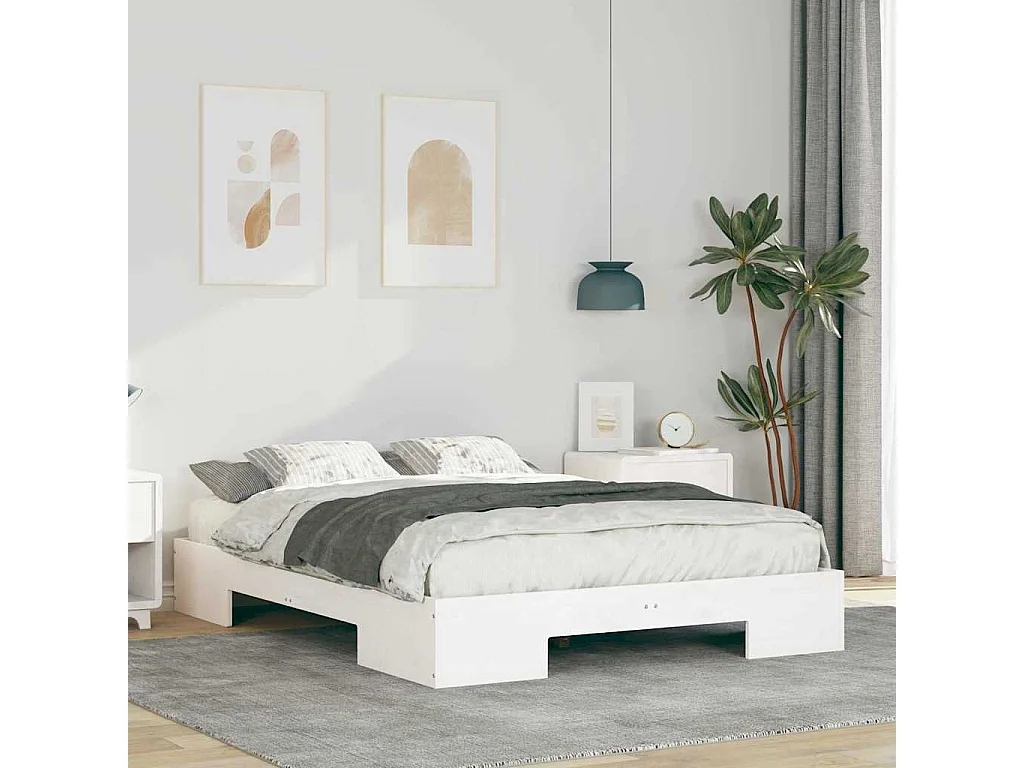 Marco de cama elevada blanco 135 x 190 cm madera maciza de pino
