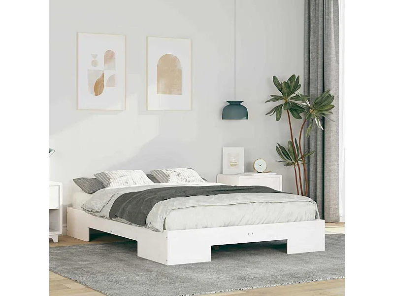 Cadre de lit surélevé Blanc 135 x 190 cm Bois massif en pin