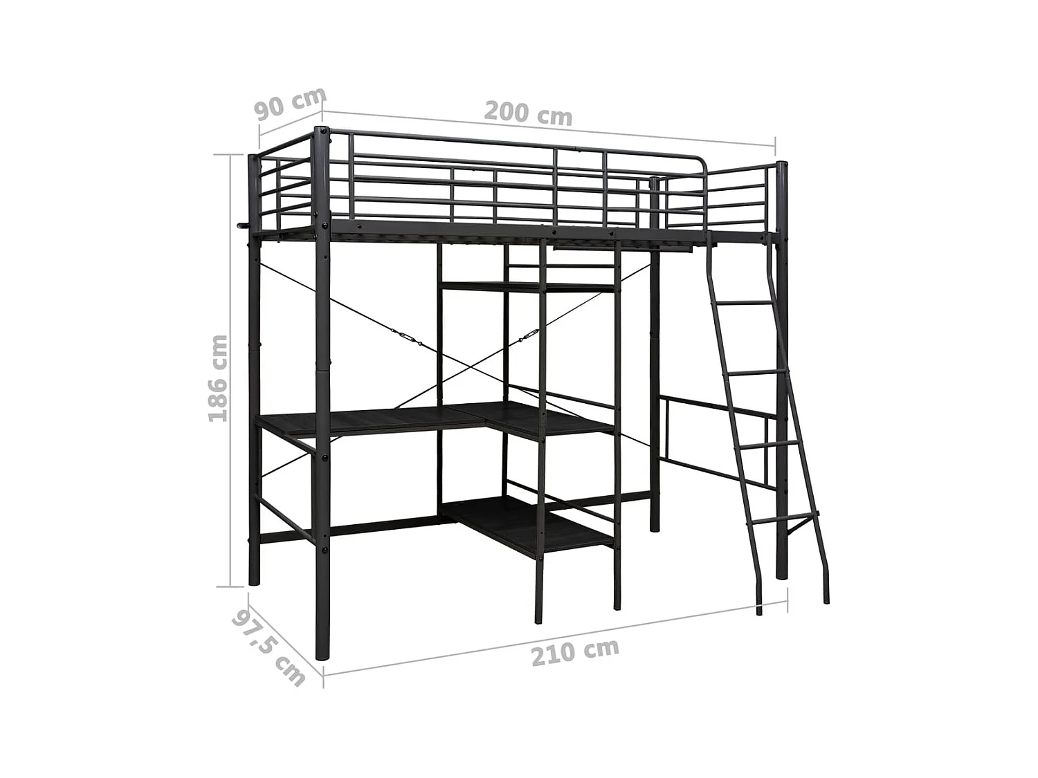 Litera con mesa sin colchón metal negro 90x200 cm