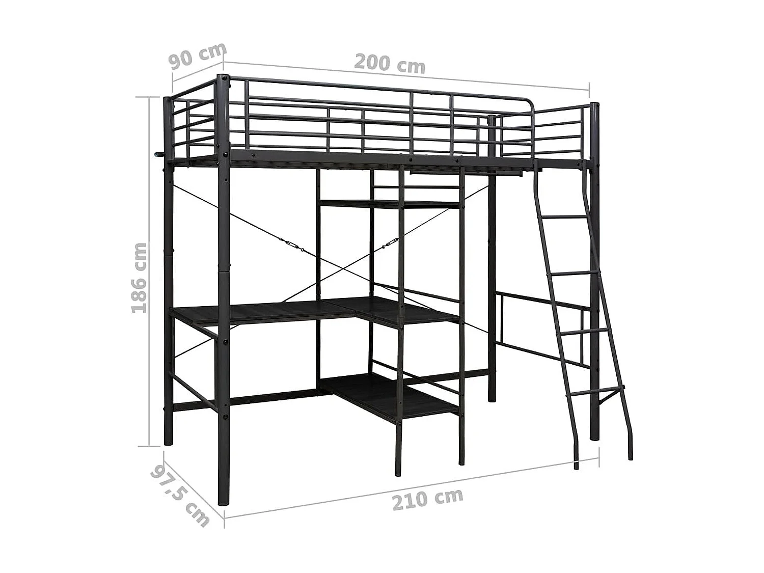 Stapelbed met tafel zonder matras zwart metaal 90x200 cm