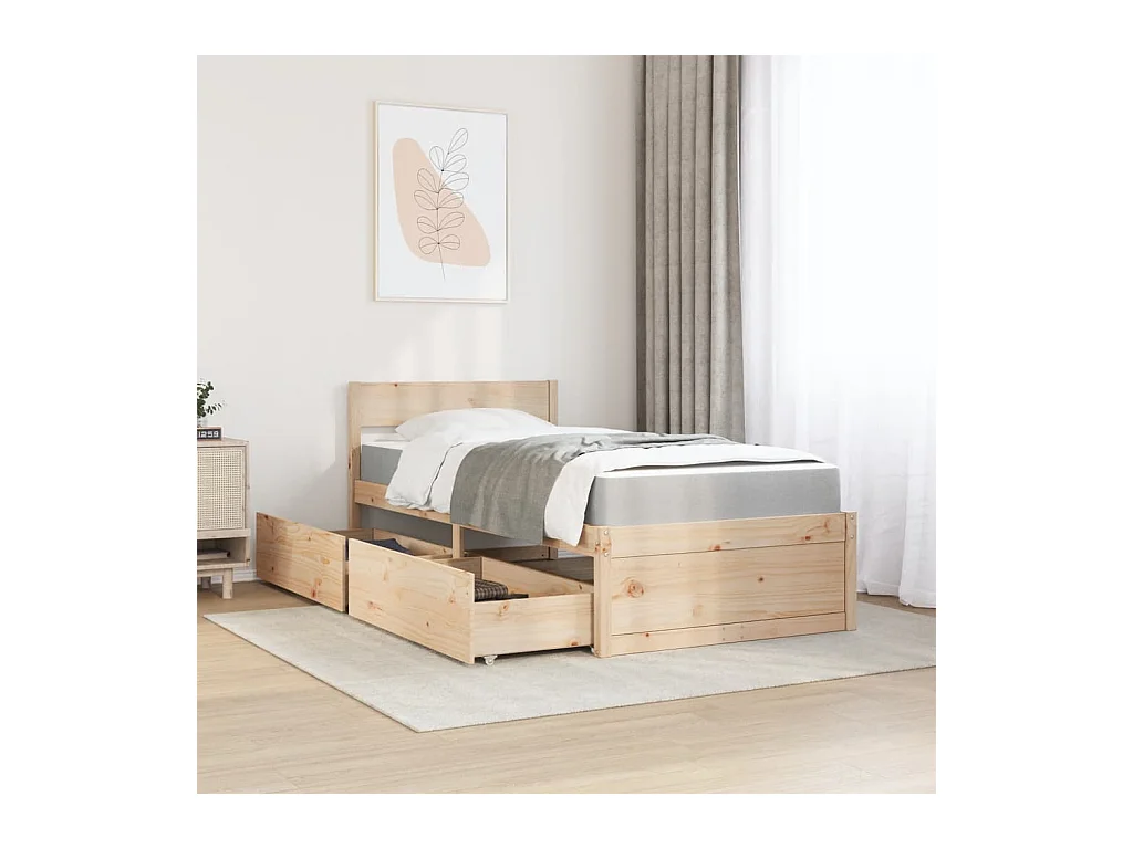 Letto con cassetti e materasso 90x190 cm in legno massello di pino