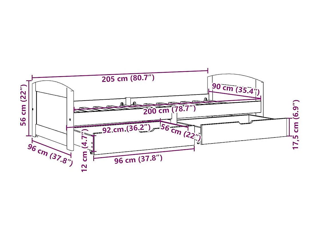 Lit de jour et 2 tiroirs sans matelas IRUN blanc rose 90x200 cm