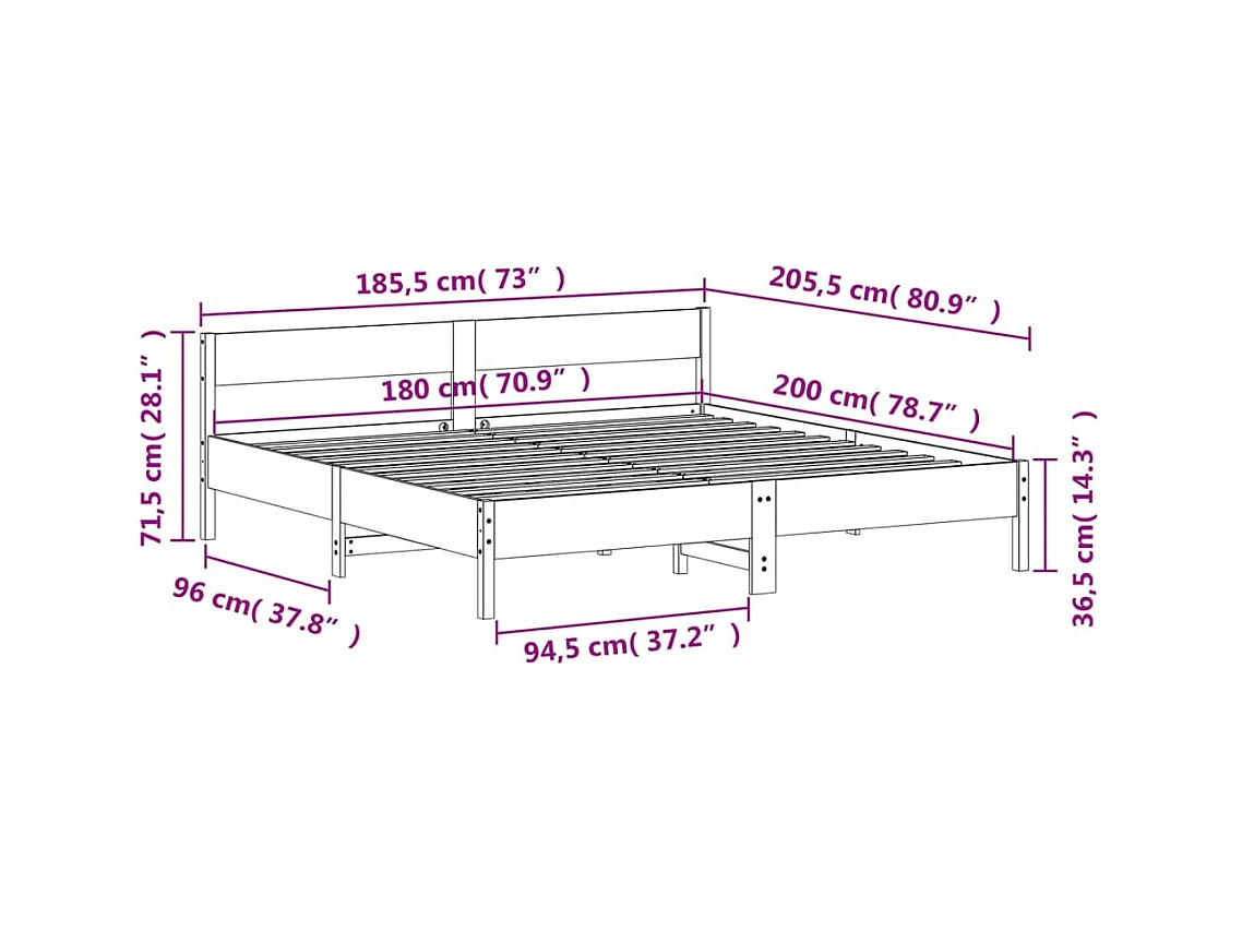 Struttura letto senza materasso, cera marrone, 180x200cm, legno massello di pino