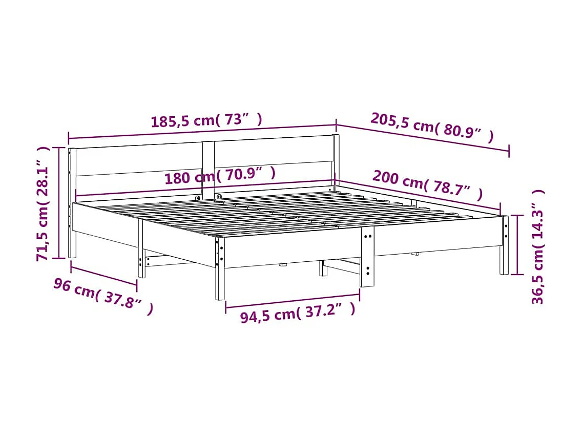 Estructura de cama sin colchón, color marrón cera, 180x200cm, madera maciza de pino.