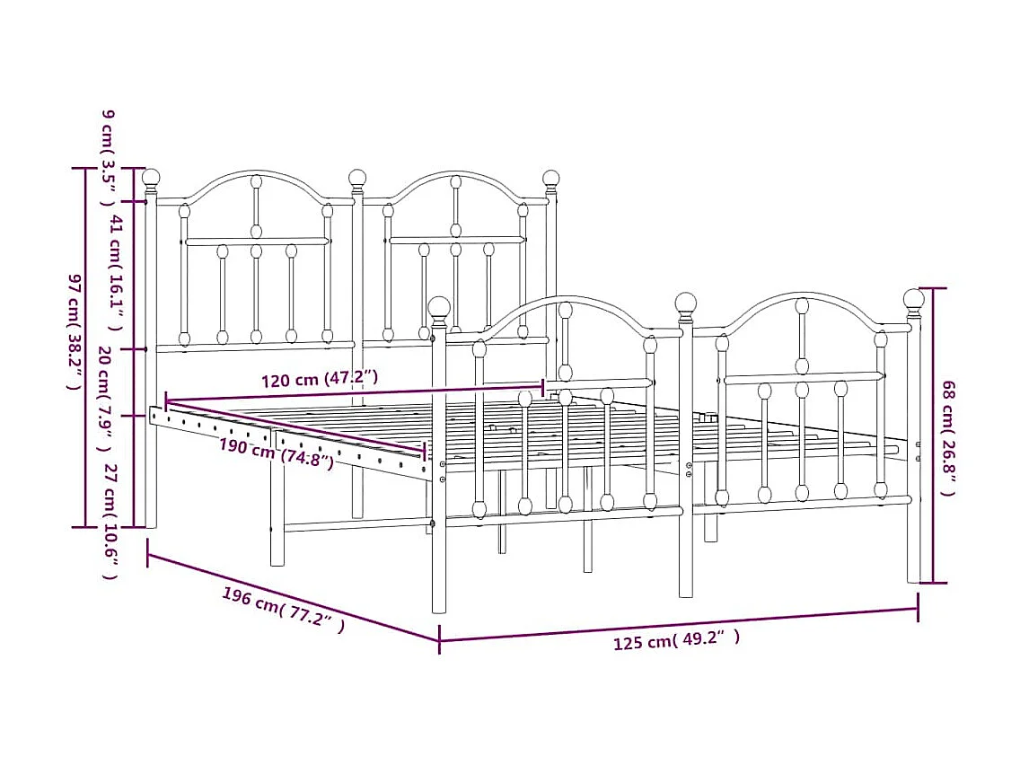 Metalen bedframe zonder matras en voeteneinde wit 120x190 cm
