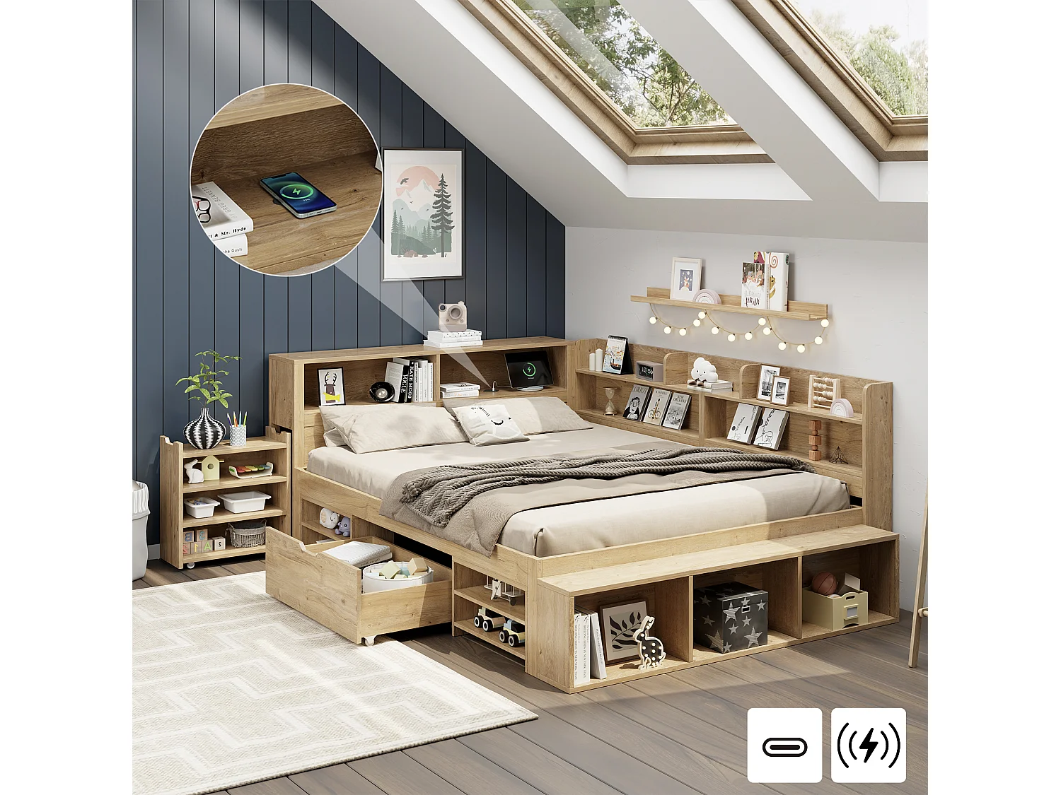 Multifunctioneel kinderbed met opbergruimte, massief hout, 140x200 cm, met nachtkastje, lades, planken en draadloze oplader, naturel
