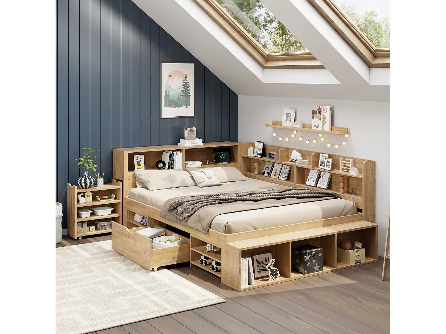 Multifunctioneel kinderbed met opbergruimte, massief hout, 140x200 cm, met nachtkastje, lades, planken en draadloze oplader, naturel