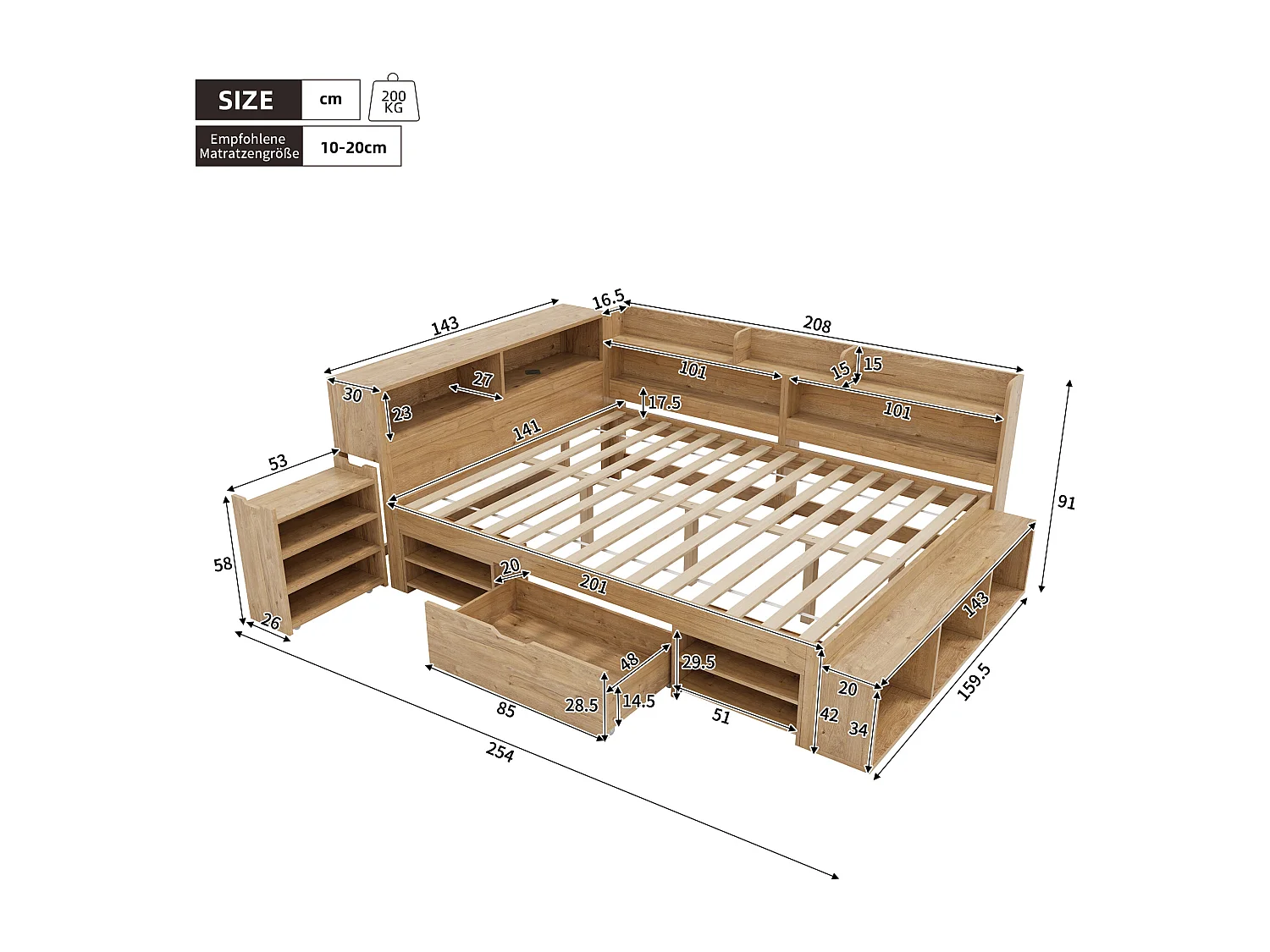 Multifunctioneel kinderbed met opbergruimte, massief hout, 140x200 cm, met nachtkastje, lades, planken en draadloze oplader, naturel