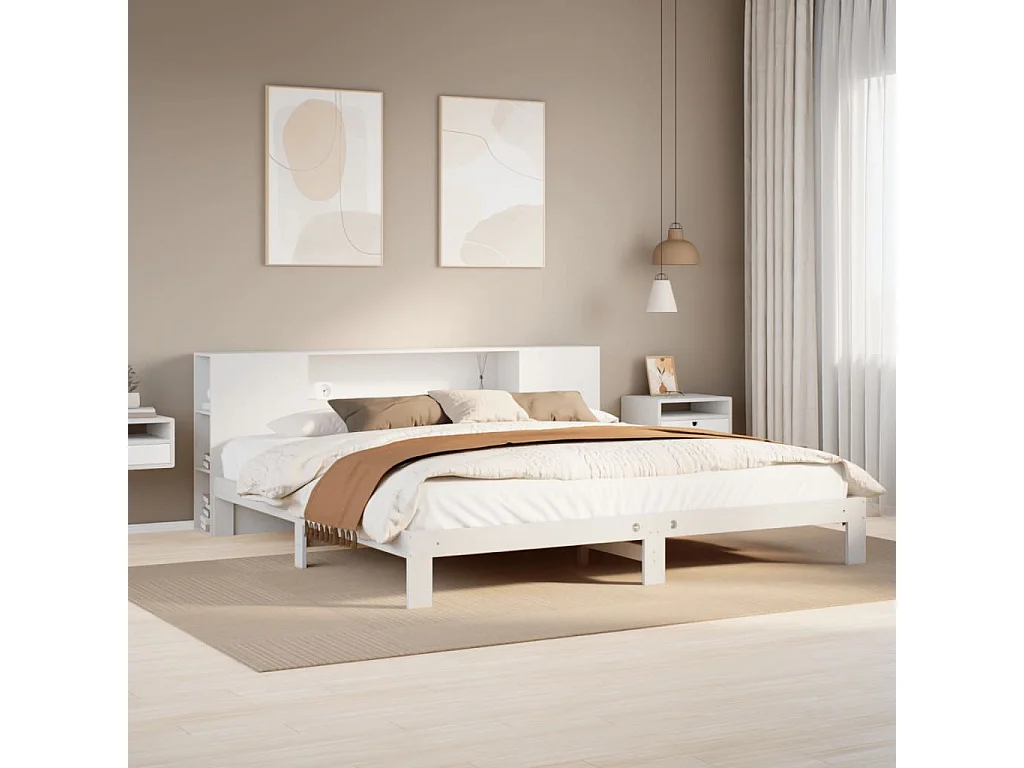 Letto libreria bianco senza materasso 180x200 cm in legno massello di pino