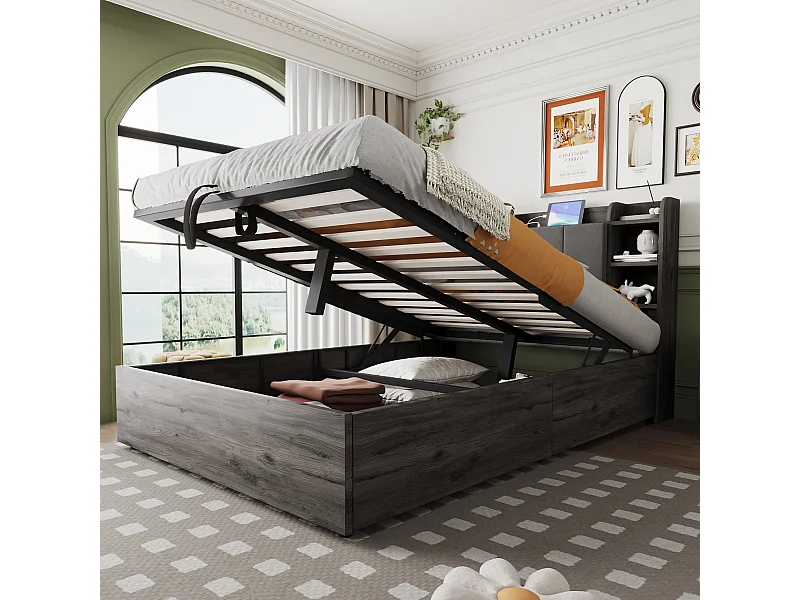 Hydraulisch bed 140 x 200 cm, hoofdeinde met opbergruimte, USB- en Tape-C-aansluiting, MDF, grijs (221x144,5x99,5 cm)